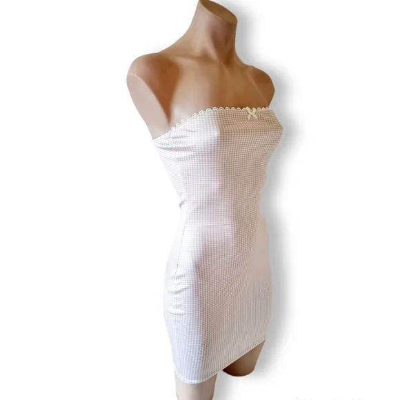 Handmade, Beige / Light Brown + White Gingham Check Strapless Short Dress Size S - Picture 4 of 10